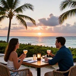 Caribbean Holidays, Cayman Business Class, Couple enjoying a stylish beachfront restaurant in Grand Cayman at sunset, with tropical sea views and relaxed dining