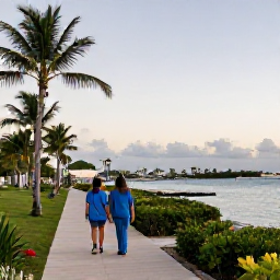 Caribbean Holidays, Cayman Business Class, Couple strolling through a quiet Grand Cayman waterfront at dusk with palm trees and Caribbean scenery