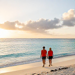 Caribbean Holidays, Cayman Business Class, Couple walking along Seven Mile Beach in Grand Cayman at sunset, with calm turquoise water and soft golden light