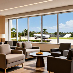 Caribbean Holidays, Cayman Business Class, Elegant airport lounge with comfortable chairs, refreshments and large windows overlooking an aircraft and tropical scenery