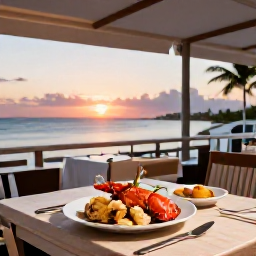 Caribbean Holidays, Cayman Business Class, Elegant beachfront restaurant in Grand Cayman serving fresh seafood at sunset
