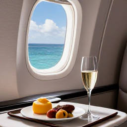 Caribbean Holidays, Cayman Business Class, Elegant business-class meal and glass of sparkling wine on a tray beside an aircraft window showing the blue Caribbean sea