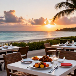 Caribbean Holidays, Cayman Business Class, Elegant Caribbean restaurant terrace in Grand Cayman serving fresh seafood at sunset