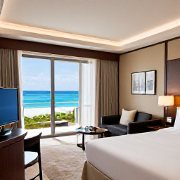 Caribbean Holidays, Cayman Business Class, Elegant Cayman Islands resort room with ocean views, comfortable bed and refined business class holiday atmosphere