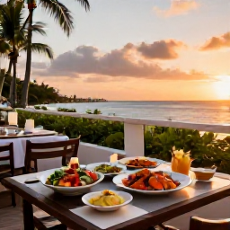 Caribbean Holidays, Cayman Business Class, Elegant Cayman Islands restaurant terrace at sunset with fresh seafood, tropical salads and a relaxed evening atmosphere