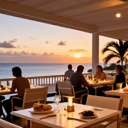Caribbean Holidays, Cayman Business Class, Elegant outdoor restaurant in Grand Cayman at sunset, with Caribbean food, soft lighting and relaxed diners