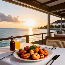 Caribbean Holidays, Cayman Business Class, Elegant waterfront restaurant in George Town, Grand Cayman, serving fresh seafood at sunset