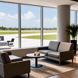 Caribbean Holidays, Cayman Business Class, Modern airport lounge with comfortable seating, refreshments and large windows overlooking a sunny Caribbean runway