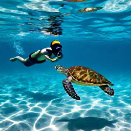 Caribbean Holidays, Cayman Business Class, Snorkeller swimming beside a friendly green sea turtle in clear Caribbean water near Grand Cayman