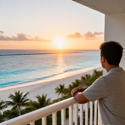 Caribbean Holidays, Cayman Business Class, Traveller enjoying a comfortable resort balcony overlooking a white-sand Cayman beach and calm turquoise lagoon at sunset