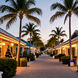 Caribbean Holidays, Cayman Christmas, Festive December street scene in George Town, Grand Cayman, with tropical greenery, warm evening light and local Christmas decorations