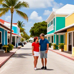 Caribbean Holidays, Cayman Couples April, Couple exploring colourful George Town streets in Grand Cayman with local shops, palm trees and bright Caribbean architecture