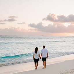 Caribbean Holidays, Cayman Couples April, Couple walking hand in hand along Seven Mile Beach in the Cayman Islands at golden hour, calm turquoise sea and soft white sand