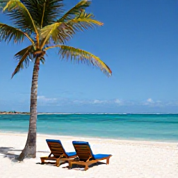Caribbean Holidays, Cayman Couples April, Quiet white-sand beach in Grand Cayman with two sun loungers, palm trees and clear Caribbean water