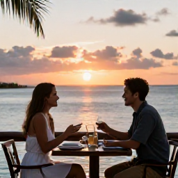 Caribbean Holidays, Cayman Couples April, Romantic waterfront restaurant in Grand Cayman at sunset, couple dining outdoors with Caribbean sea views
