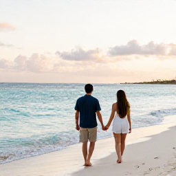 Caribbean Holidays, Cayman Couples August, A couple walking hand in hand along Seven Mile Beach in Grand Cayman at sunset, calm turquoise sea and soft evening light
