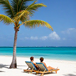 Caribbean Holidays, Cayman Couples August, Couple relaxing on a quiet Caribbean beach in Grand Cayman, bright blue water, palm trees and comfortable sun loungers