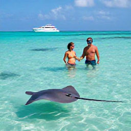 Caribbean Holidays, Cayman Couples August, Couple snorkelling near Stingray City in Grand Cayman, friendly stingrays in clear shallow water and a boat in the background