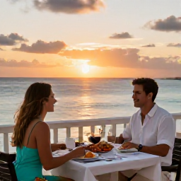 Caribbean Holidays, Cayman Couples August, Romantic Caribbean restaurant terrace in Grand Cayman, couple dining at sunset with fresh seafood and ocean views