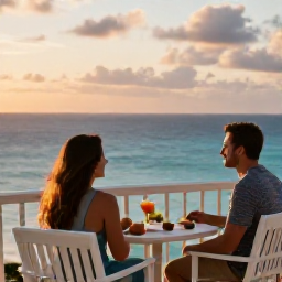 Caribbean Holidays, Cayman Couples August, Romantic hotel balcony overlooking the Caribbean Sea in Grand Cayman, couple enjoying a quiet August morning