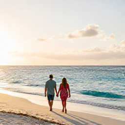 Caribbean Holidays, Cayman Couples December, A couple walking hand in hand along Seven Mile Beach in Grand Cayman at sunset, warm December light and calm turquoise sea