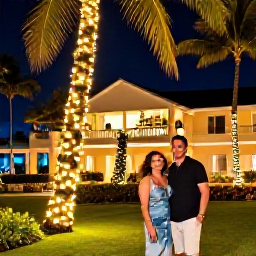 Caribbean Holidays, Cayman Couples December, Couple enjoying a festive December evening beside a decorated Cayman Islands resort, palm trees and warm tropical lights