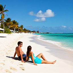 Caribbean Holidays, Cayman Couples December, Couple relaxing on the soft white sand of Seven Mile Beach, Grand Cayman, with turquoise water and palm trees