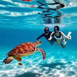 Caribbean Holidays, Cayman Couples December, Couple snorkelling with colourful fish and a sea turtle in clear Caribbean water near Grand Cayman