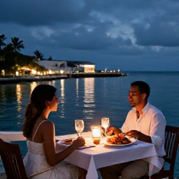 Caribbean Holidays, Cayman Couples December, Romantic waterfront dinner for two in George Town, Grand Cayman, with lanterns, fresh seafood and a Caribbean evening atmosphere