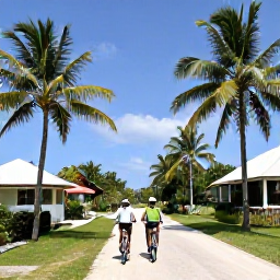 Caribbean Holidays, Cayman Couples February, A couple cycling along a quiet tropical road in the Cayman Islands, with palm trees, bright blue sky and traditional island homes