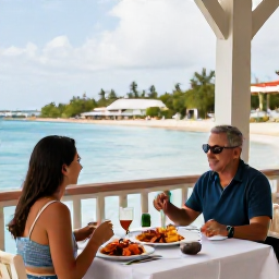 Caribbean Holidays, Cayman Couples February, A couple dining at an elegant open-air restaurant beside the sea in George Town, Grand Cayman, with fresh seafood on the table