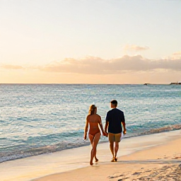 Caribbean Holidays, Cayman Couples February, A couple walking hand in hand along Seven Mile Beach in Grand Cayman at sunset, with calm turquoise sea and soft golden light