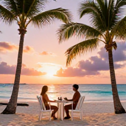 Caribbean Holidays, Cayman Couples February, A romantic beachfront table for two on Grand Cayman, surrounded by palm trees with a colourful sunset over the Caribbean Sea