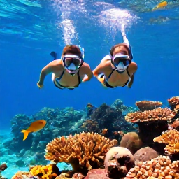 Caribbean Holidays, Cayman Couples February, Couple snorkelling above colourful coral and tropical fish in the clear shallow waters of Grand Cayman