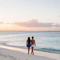 Caribbean Holidays, Cayman Couples Holidays, A couple walking barefoot along Seven Mile Beach in the Cayman Islands at sunrise, calm turquoise sea and soft golden light