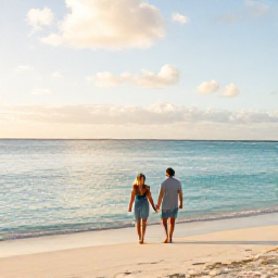 Caribbean Holidays, Cayman Couples Holidays, A couple walking hand in hand along Seven Mile Beach in Grand Cayman at golden hour, calm turquoise sea and soft white sand