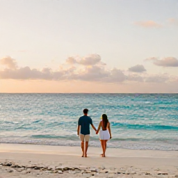 Caribbean Holidays, Cayman Couples Holidays, A couple walking hand in hand along Seven Mile Beach in Grand Cayman at sunset, calm turquoise sea and soft golden light