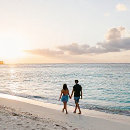 Caribbean Holidays, Cayman Couples Holidays, A couple walking hand in hand along Seven Mile Beach in Grand Cayman at sunset, calm turquoise water and soft golden light