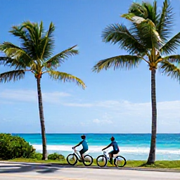 Caribbean Holidays, Cayman Couples Holidays, Couple cycling beside tropical coastline and palm trees on a quiet road in Grand Cayman