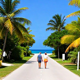 Caribbean Holidays, Cayman Couples Holidays, Couple exploring a scenic coastal road and lush tropical landscape in the Cayman Islands during a sunny July holiday