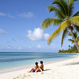 Caribbean Holidays, Cayman Couples Holidays, Couple relaxing on a pristine Caribbean beach in the Cayman Islands, palm trees, calm turquoise water and white sand