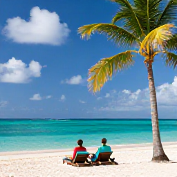 Caribbean Holidays, Cayman Couples Holidays, Couple relaxing on a quiet sandy beach in Grand Cayman, palm trees, turquoise Caribbean water and shaded sun loungers