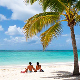 Caribbean Holidays, Cayman Couples Holidays, Couple relaxing on the white sand of Seven Mile Beach, turquoise Caribbean water, palm trees and a peaceful March afternoon
