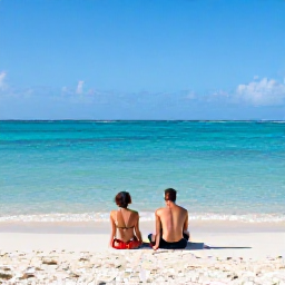 Caribbean Holidays, Cayman Couples Holidays, Couple relaxing on the white sands of Seven Mile Beach in Grand Cayman beside calm clear Caribbean water