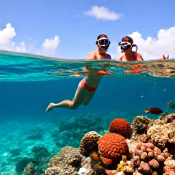 Caribbean Holidays, Cayman Couples Holidays, Couple snorkelling above colourful coral and tropical fish in the clear waters of Grand Cayman, sunny Caribbean seascape