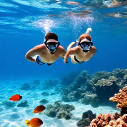 Caribbean Holidays, Cayman Couples Holidays, Couple snorkelling in clear Caribbean water near Grand Cayman, colourful tropical fish and coral reef visible below