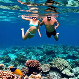 Caribbean Holidays, Cayman Couples Holidays, Couple snorkelling with colourful tropical fish above a coral reef in clear Cayman Islands water