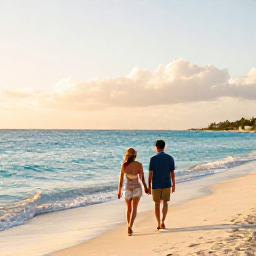 Caribbean Holidays, Cayman Couples Holidays, Couple walking hand in hand along Seven Mile Beach at sunset in Grand Cayman, turquoise sea and soft golden light