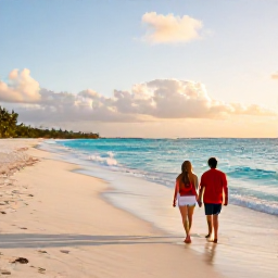Caribbean Holidays, Cayman Couples Holidays, Couple walking together along Seven Mile Beach at sunset in Grand Cayman, turquoise sea and soft golden light