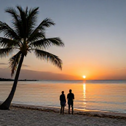 Caribbean Holidays, Cayman Couples Holidays, Couple watching a vivid sunset from a quiet Cayman Islands beach, calm sea and silhouettes of palm trees